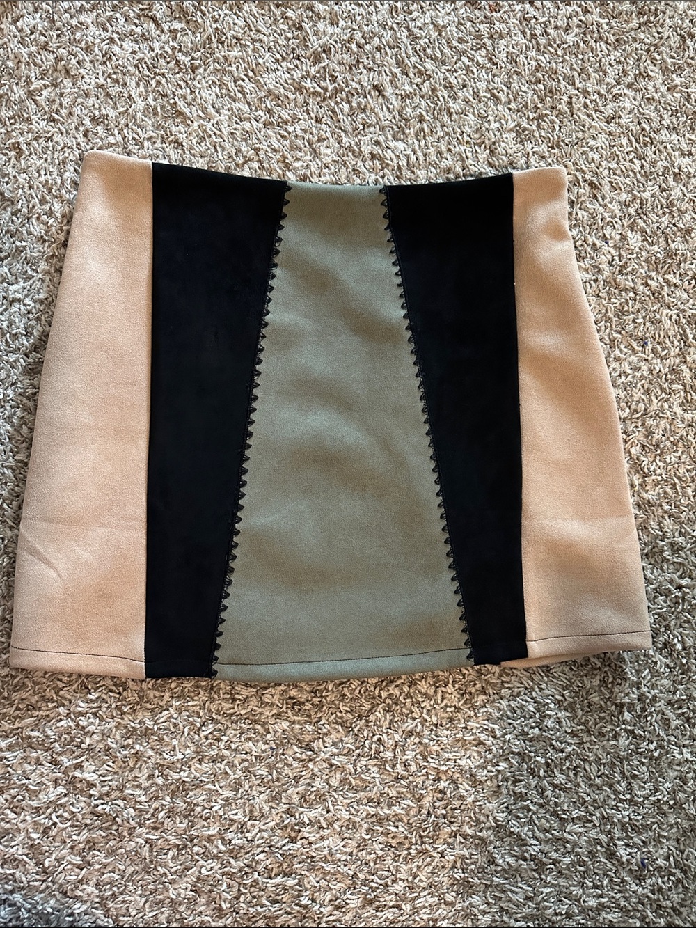 Colorblock Suede Mini Skirt - Black, Olive & Tan